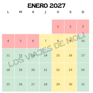 Calendario mensual visual con colores por tipo de temporada